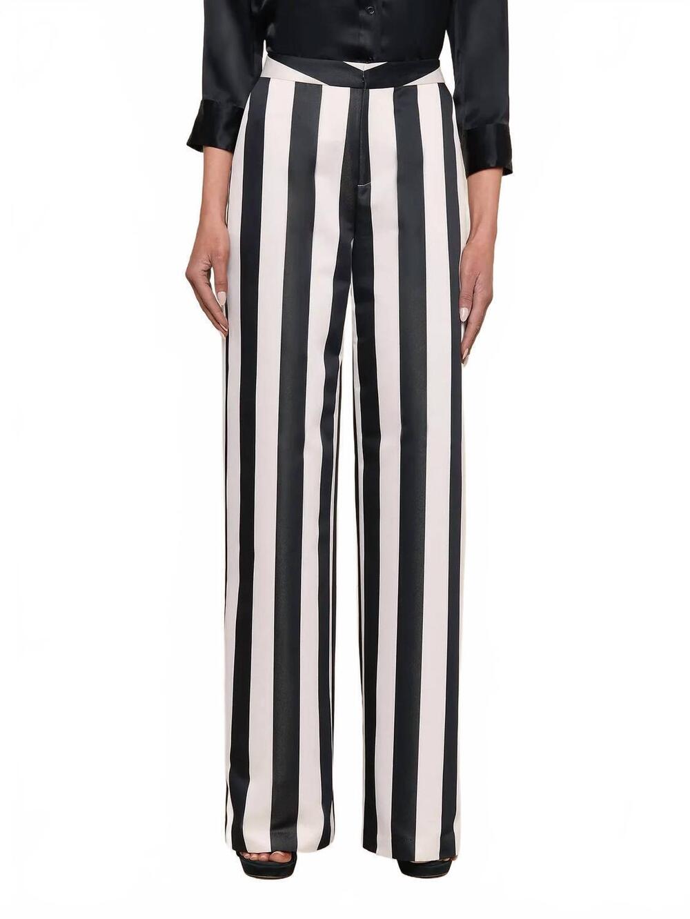 NEW L'AGENCE women's livvy satin straight-leg trouser in white / black large str